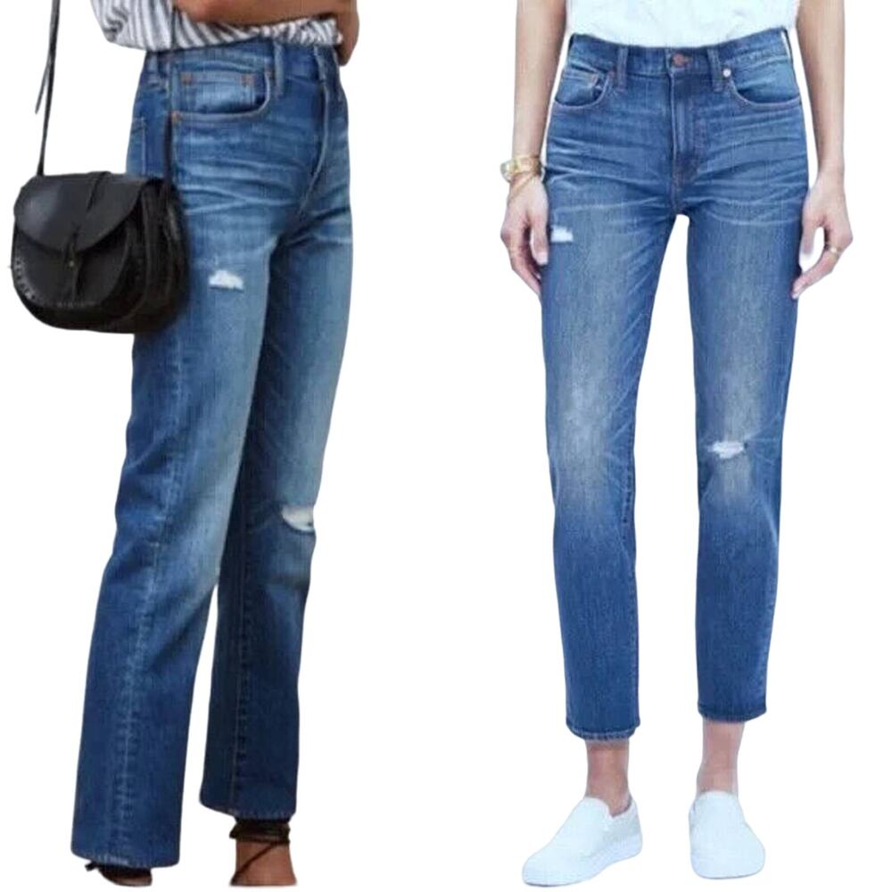 MADEWELL Size 24 Straight Crop Jeans in Cruiser Wash: Ripped Knee Edition